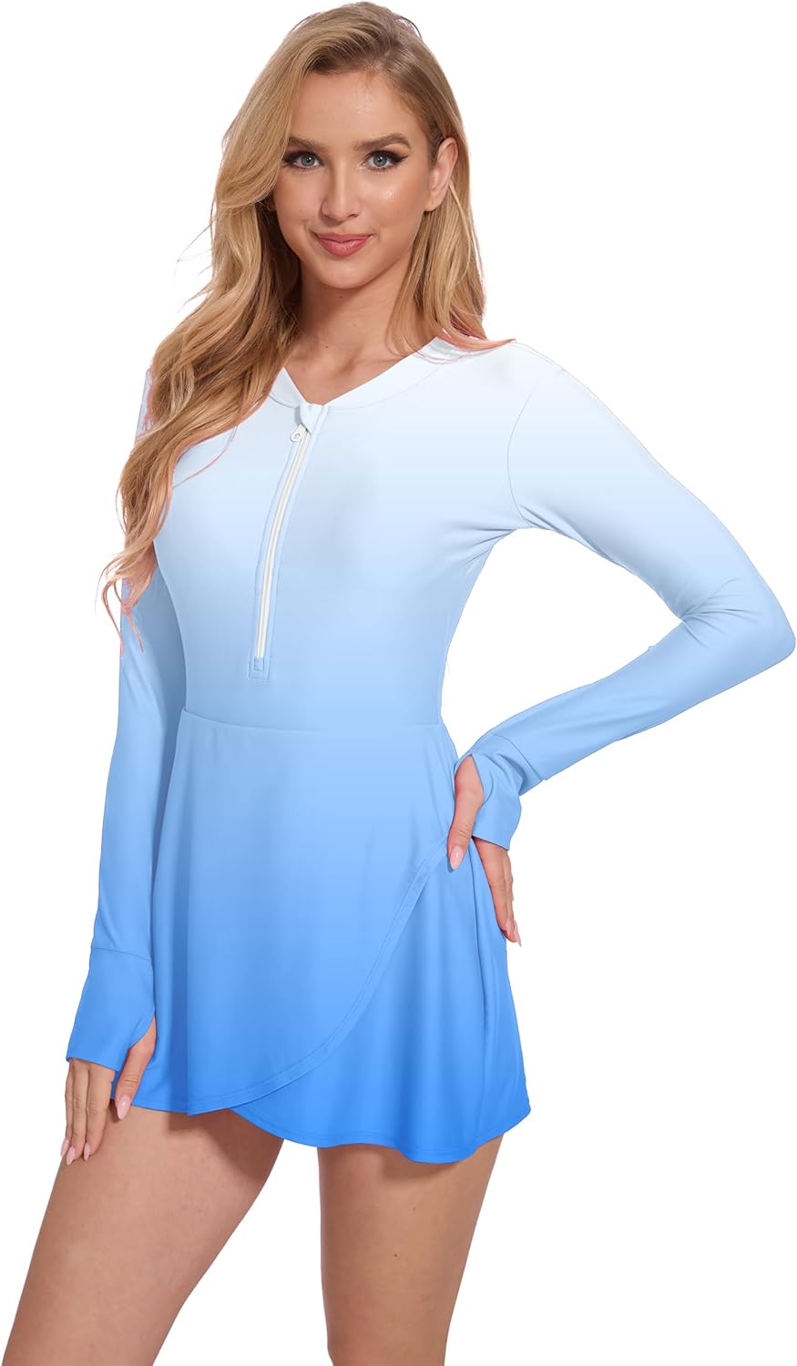 Long Sleeve Swimsuits for Women UPF 50+ Swim Dress Swimwear One Piece Bathing Suit with Skirts Rash Guard Over 50