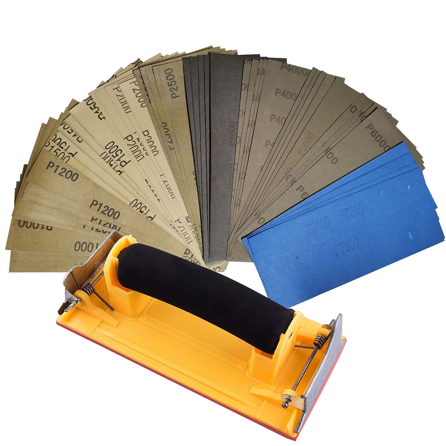 bluesail 50 Pcs, Wet and Dry Sandpaper with Sanding Block Sander for Wood Furniture Finishing, Metal Sanding and Automotive Polishing 1000 to 7000 Assorted Grit Sanding Paper wood sandpaper