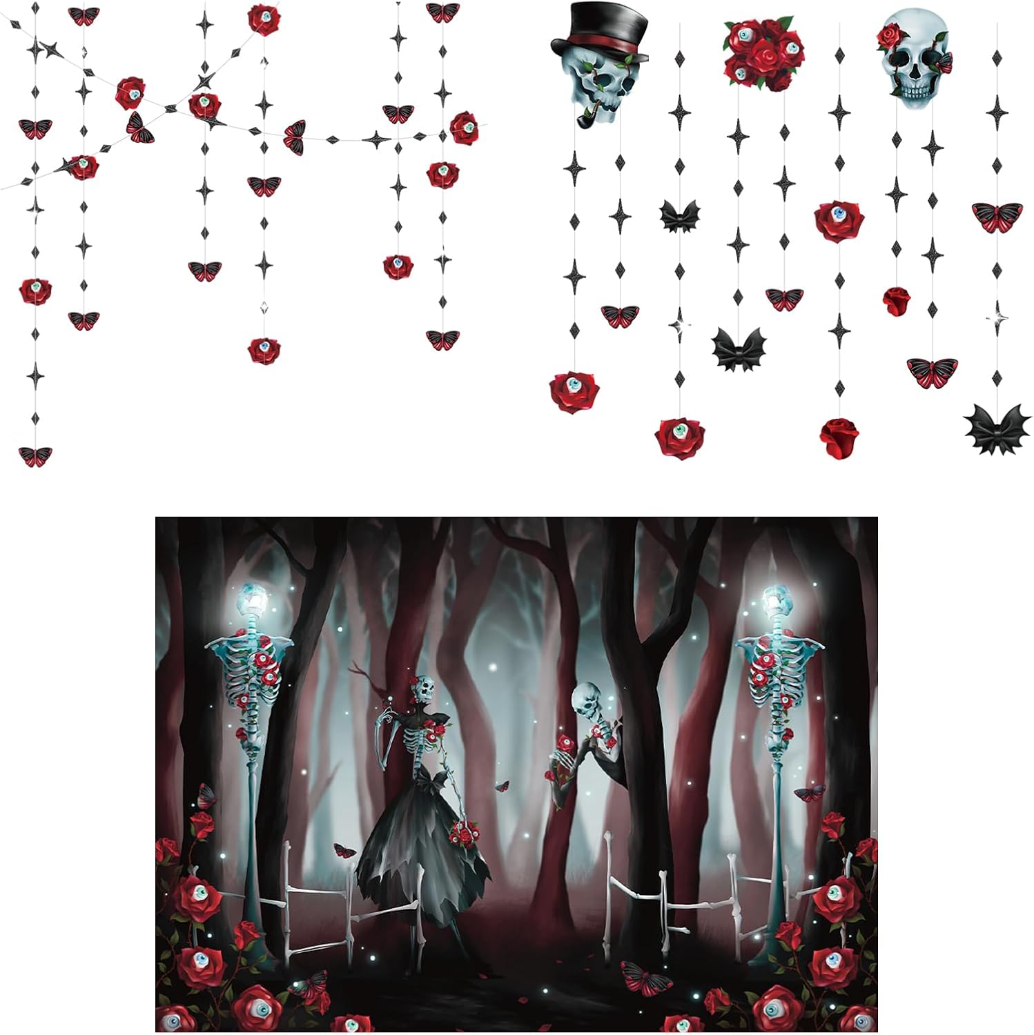 Cheerland Bundle Rose Skull Halloween Short Garland 6 pcs Backdrop & 4pcs Garland Red Rose Butterfly Eyeballs Black Red Backdrop Banners & 7 x 5 ft Backdrop Fabric