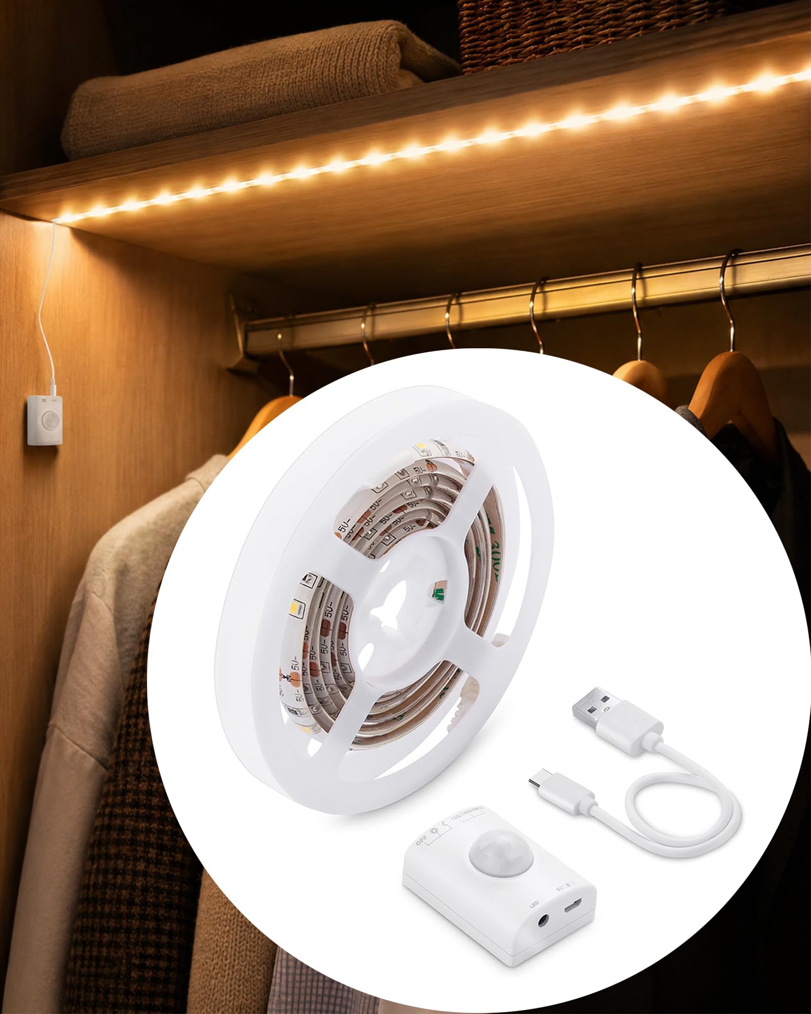 LUXJET Rechargeable Motion Sensor Wardrobe Light, 3.3ft Flexible LED Strip with 30LED, PIR and Light Sensor, Warm White Night Light for Bedroom, Kitchen, Wall, Closet, Cabinet