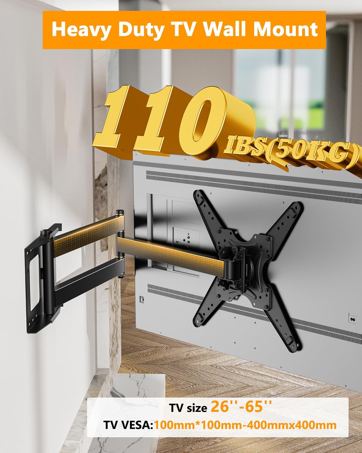 Image showing the heavy-duty construction of the TV wall mount, emphasizing its 110 lbs (50 kg) load capacity and suitability for 26-65 inch TVs with VESA 100x100mm to 400x400mm.