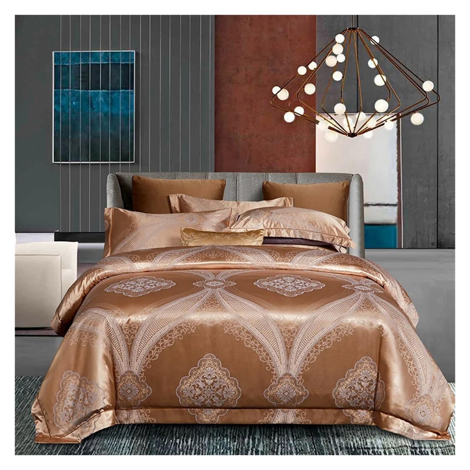 Parure de lit satin de coton beige or jacquard grand lit couvre-lit drap taies 4 pièces
