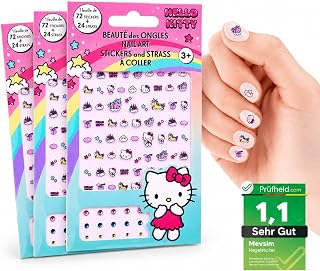 [ Test SEHR GUT, Note 1.1 *] Hello Kitty Nagelsticker Kinder 3er Set – Selbstklebend Nail Sticker für Mädchen – Für Nageldesign, Press On Nails & Nägel zum Aufkleben geeignet – 216 Sticker & 72 Strass