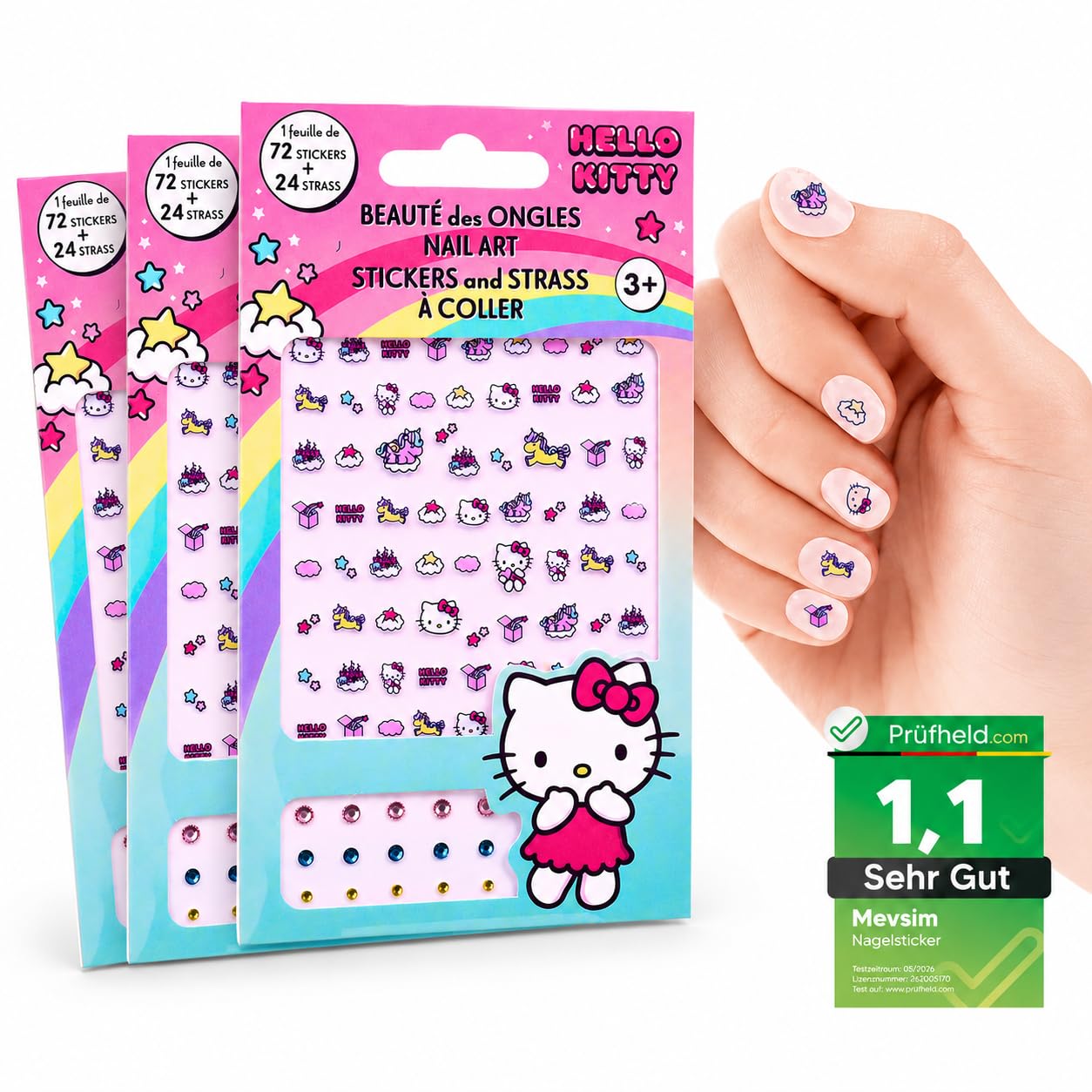 Hello Kitty Stickers Ongles Enfant – Autocollants Ongles Auto-Adhésifs, Nail Art Enfant pour Filles – Lot de 3 Packs, 216 Stickers + 72 Strass 3D, Cadeau Créatif Anniversaire