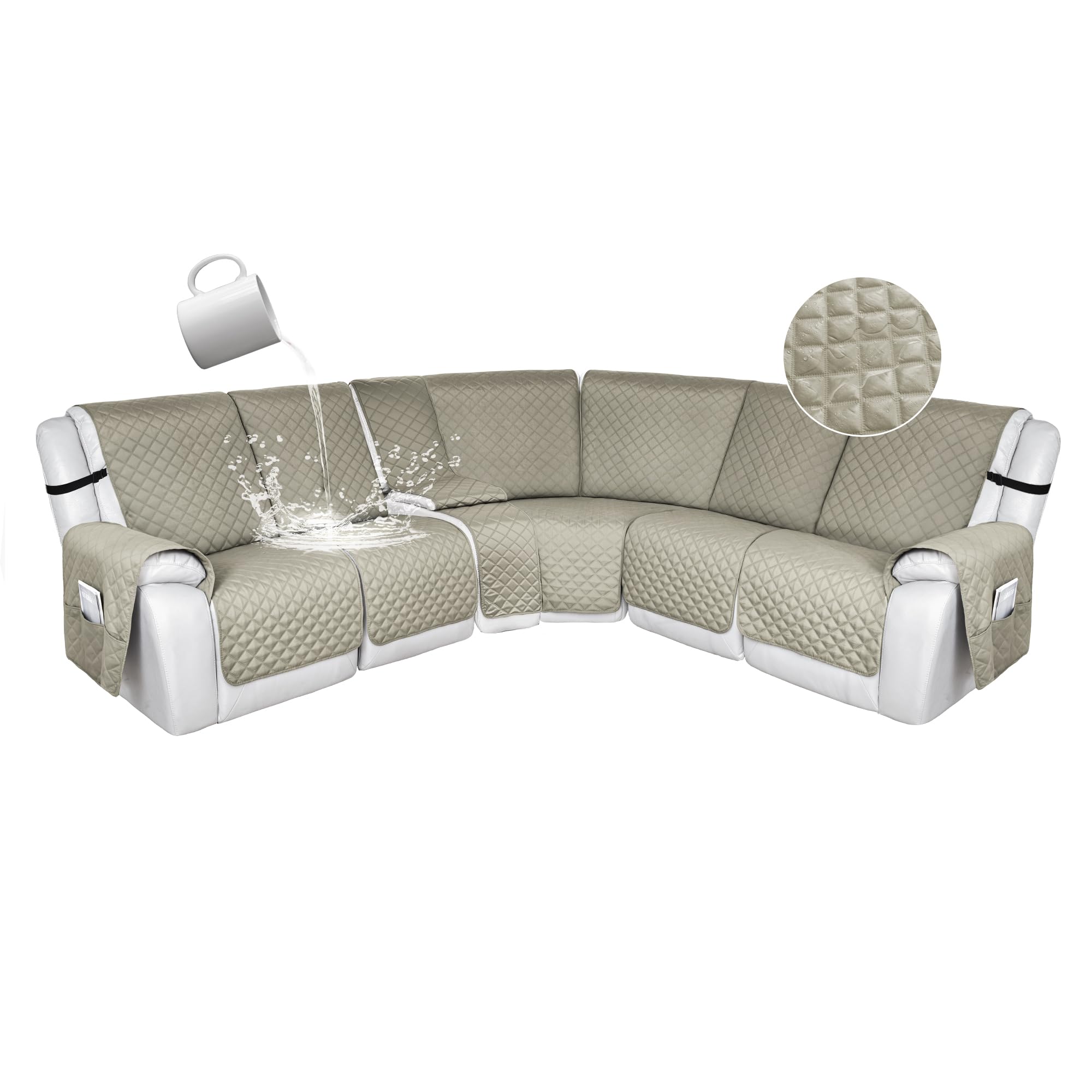 Photo 1 of HDCAXKJ 100% Waterproof Reclining Sectional Couch Covers L Shape Recliner Sofa Cover Washable Quilted Soft Pet Dog Corner Recliner Slipcovers with Pockets (5 Seat and 1 Middle Console, Taupe)