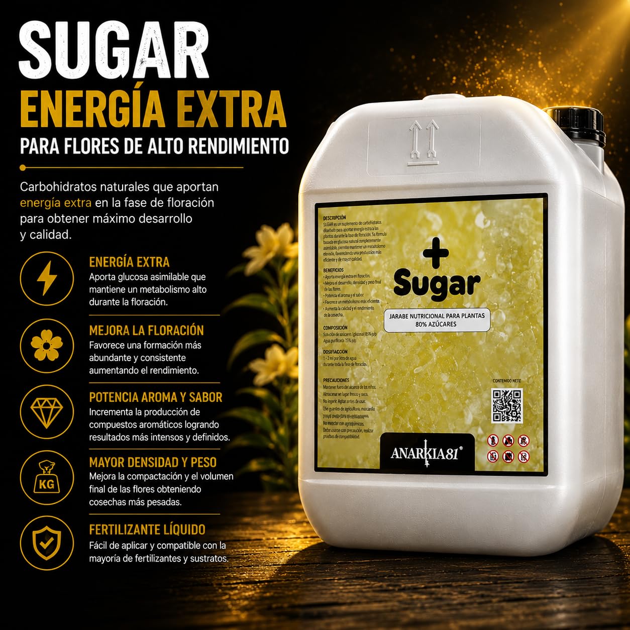 SUGAR 20 L – Carbohidratos para Plantas Potenciador de Floración Energía Extra Azúcares Asimilables Mejora Aroma Sabor y Densidad Fertilizante Líquido - Anarkia81