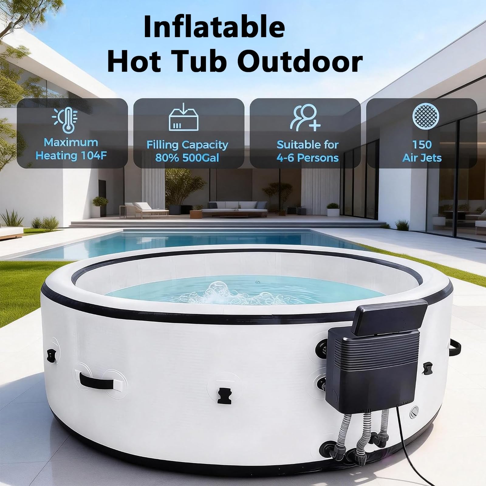 Vasca Idromassaggio Gonfiabile per 2-6 Persone con 180 Getti Bolle,Set per Spa Portatile da Esterno con Riscaldatore,Pompa,Filtro E Copertura Isolata,per Patio,Giardino,Esterno 81x28in