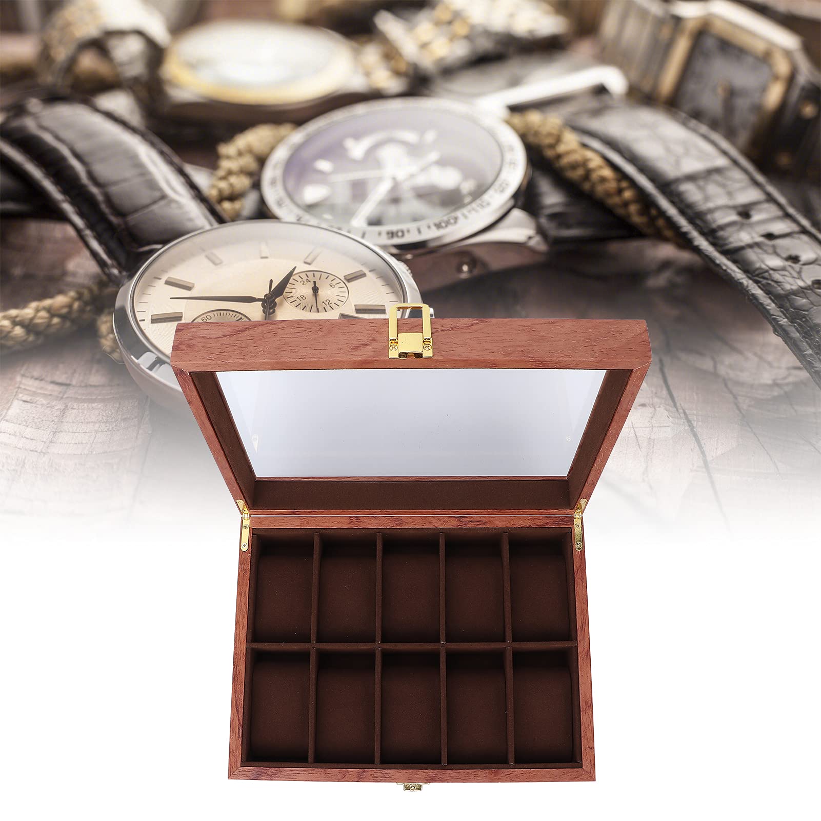 ZJchao Caja de Reloj de 10 Ranuras para Hombres y Mujeres, Caja de visualización de Relojes de Madera, Almohada Suave, Organizador de Relojes, Caja de Almacenamiento de Relojes con Tapa de Vidrio
