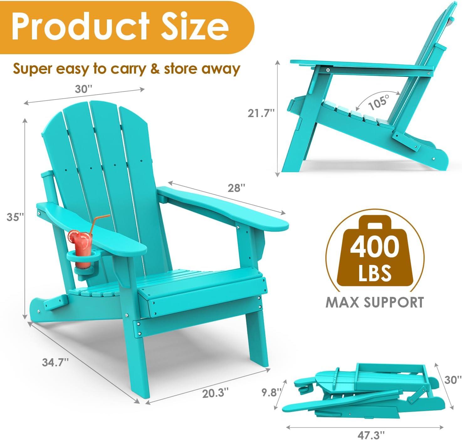 IVY&LANE Folding-Adirondack-Chairs-Set-of-2 | HDPE Plastic | Outdoor Fire Pit Chair with Cup Holder | Aqua | Poly | Weather Resistant | for Patio Deck Poolside Garden Beach