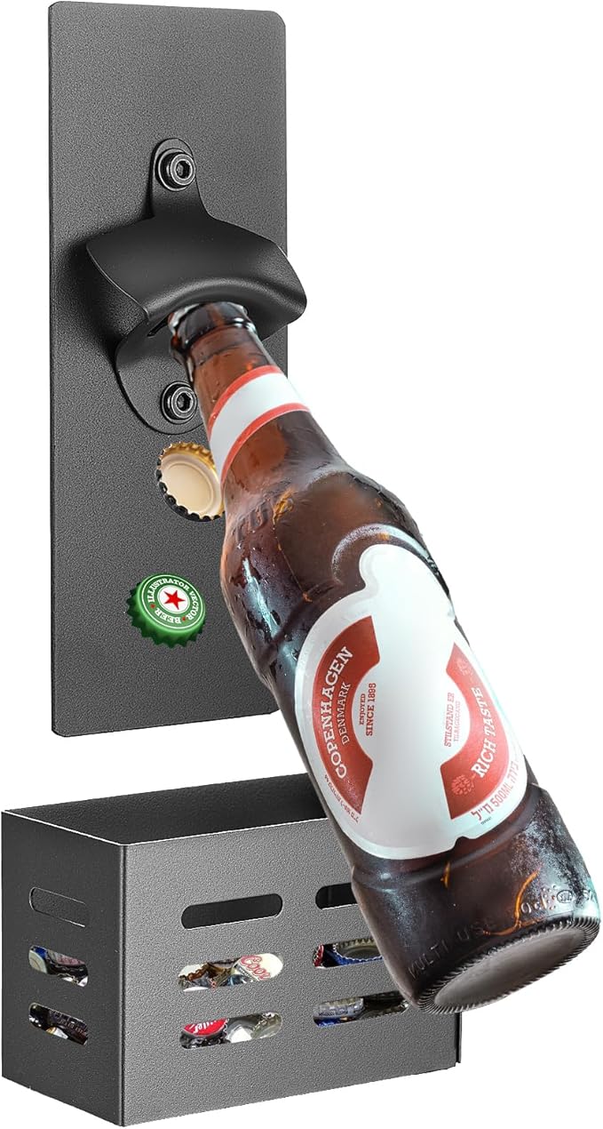 BOJA destapador pared cesta tapas cerveza 2 métodos instalación acero carbono inoxidable negro 60000 usos