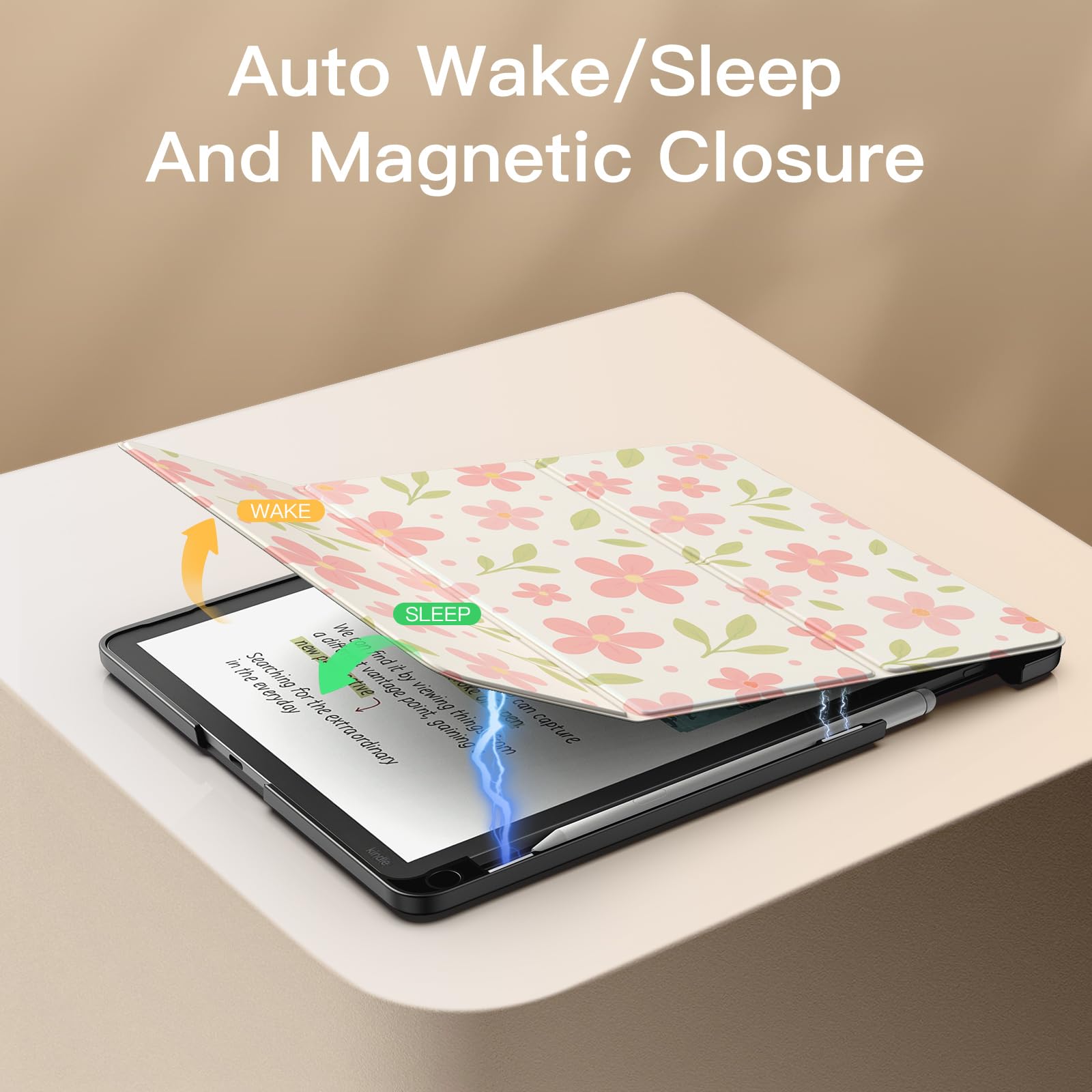 MoKo Étui avec Support for 11" Kindle Scribe(3e Génération-2025) & Kindle Scribe Colorsoft(1e Gén 2025) - étui en Cuir de Qualité Supérieure avec Porte-Stylo, Auto Veille/Réveil, Fleurs et Feuilles