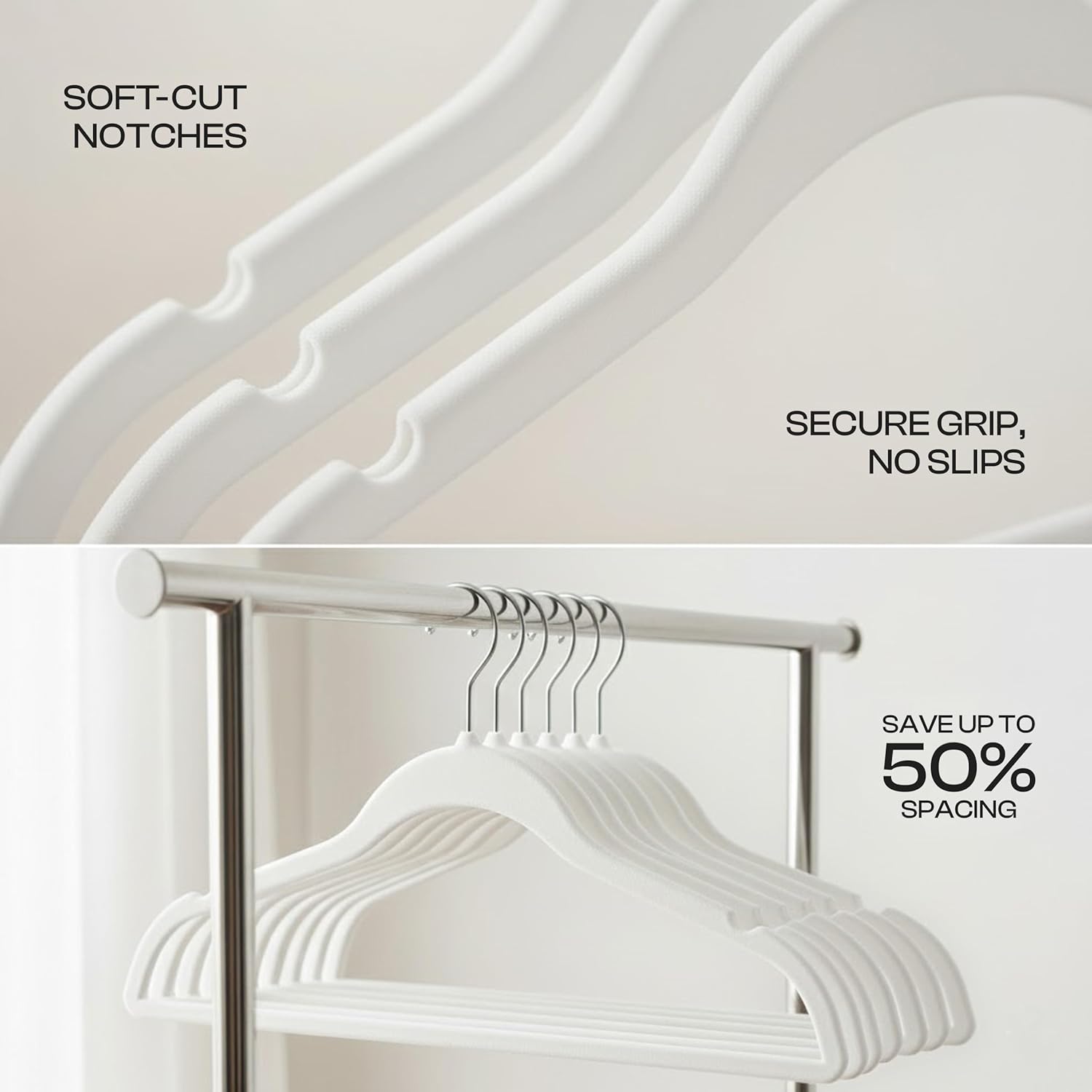 Utopia Home Velvet Hangers 50 Pack – Luxury Non-Slip Slim Pant & Coat Hangers, Strong Space-Saving Clothes Hangers with Pants Bar and 360° Swivel Hook – White