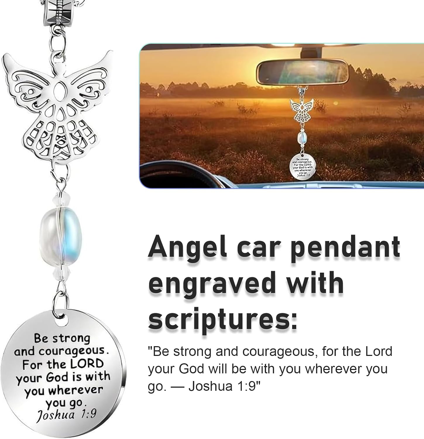 Angel Car Rear View Hanging Ornament, Joshua Hollow Angel Wing Charm, Christian Guardian Jewelry Mirror Decoration, Interior Accessory for Cars Trucks SUVs Sedans (Silver) image 4