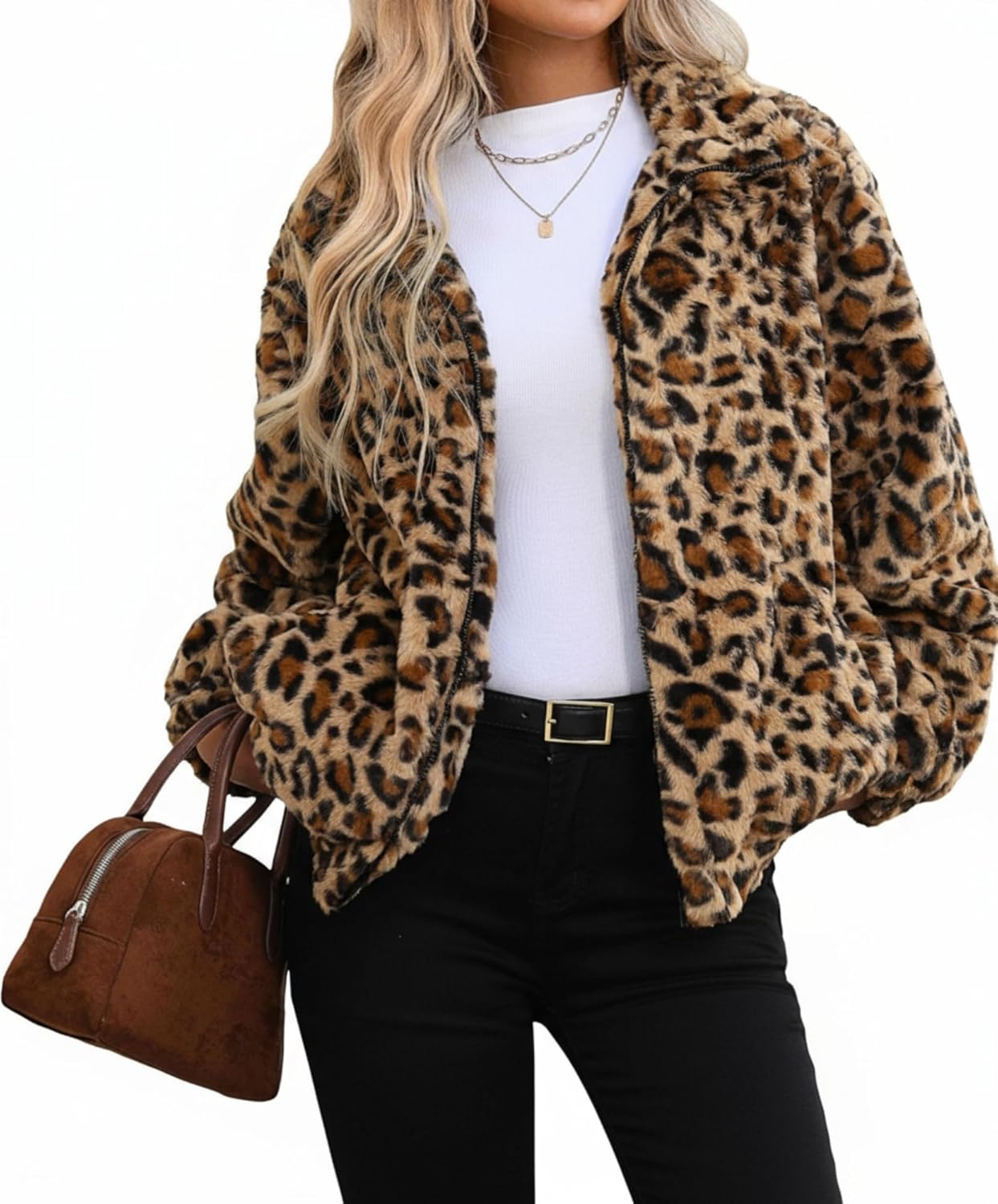 Women's Faux Fur Cropped Coat Fall Winter Warm Fleece Jackets Full Zip Sherpa Jacket