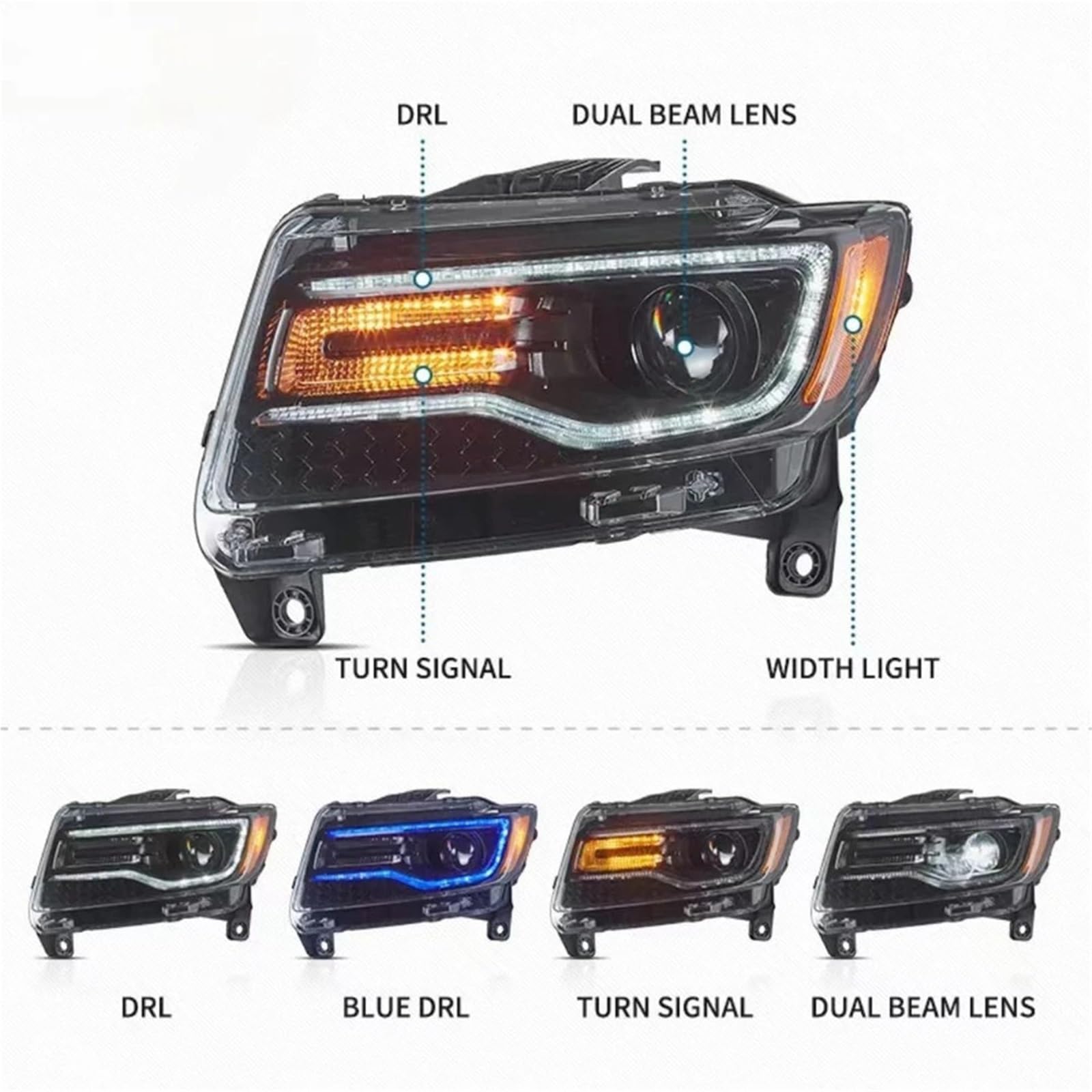 Do Grand Cherokee WK2 2011-2013 Światła drogowe | Przednie Światła DRL Start Sekwencyjne Montaż Lampy Reflektory LED(Right Hand Drive)