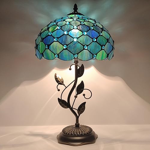 Miniatura 4 de Tiffany Table Lamp, Stained Glass Desk Light, W12H19 Inch, Metal Leaf Base (Sea Blue Pearl Style)