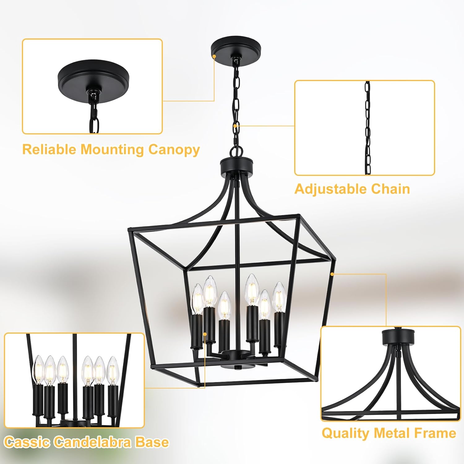 6-Light Farmhouse Dining Room Cage Chandelier, Black Ceiling Pendant Light Fixture Height Adjustable for Kitchen Island Over Table, E12 Bulb Base
