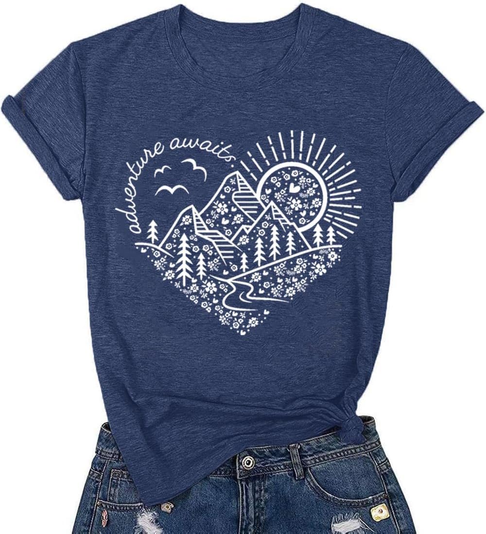 Women Adventure Awaits Outdoor Graphic Tee Shirt Kindness Heart Printed Hike Mountain Nature Travel Shirt Workout Tops