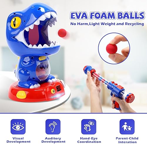 Miniatura 9 de EagleStone - Juguete de dinosaurio móvil para disparar, niebla, 2 pistolas de bomba de aire, puntuación automática, sonido, 48 pelotas de espuma,