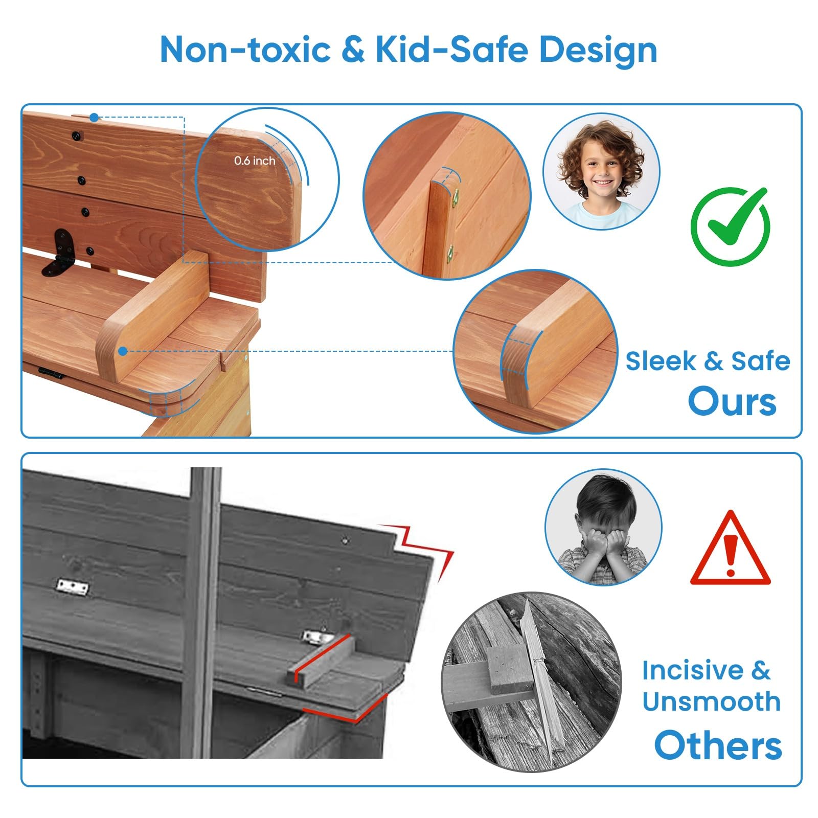 FunXplore Wooden Kids Sandbox with Lid Sand Box with Cover for Outdoor with Canopy Ages 4-8, Sand Pit with 2 Foldable Bench Adjustable Roof Bottom Liner