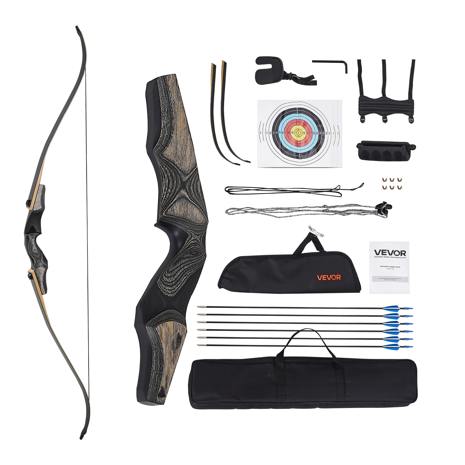VEVOR Kit Arco Ricurvo e Frecce da 1524 mm Arco Ricurvo per Destrorsi in Legno, per Allenamento al Bersaglio all'Aperto, Caccia, per Principianti e Avanzati, Peso di Trazione 13,61 kg
