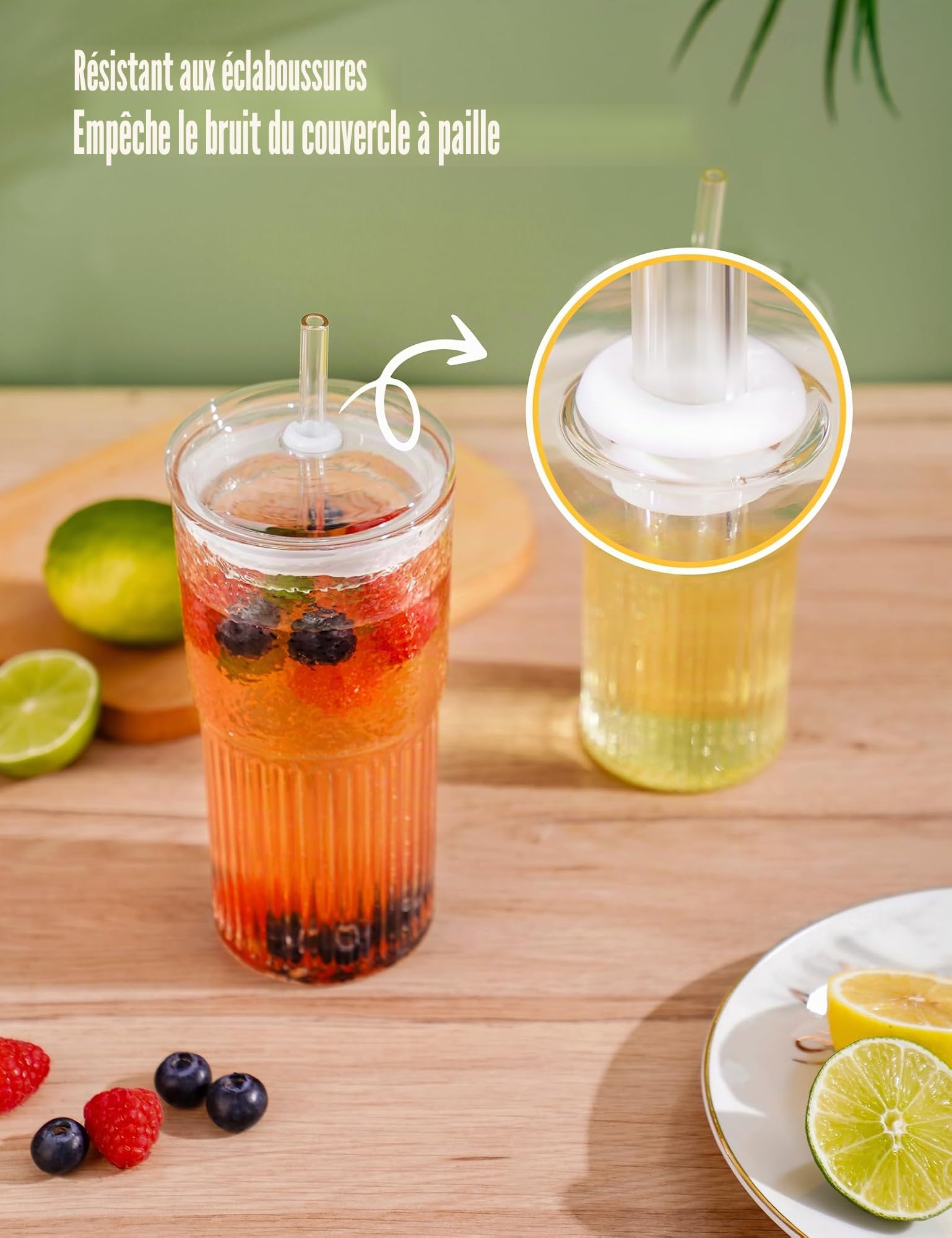 NiHome Lot de 2 gobelets en verre borosilicate transparent avec couvercle et paille, 650 ml, pour café glacé, smoothie, thé avec pailles, réutilisables