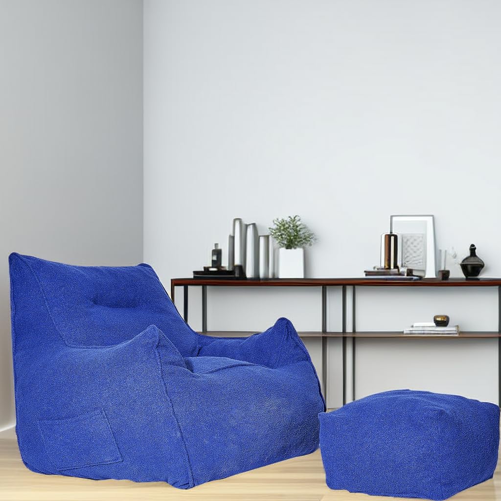 MULTPOINT Big Bean Bag Chair with Filling, Large Bean Bag Chairs with Stool, Soft Teddy Polar Fleece Surface,High-Density Foam Filling, Giving a Perfect Lying and Resting Feeling (Blue)