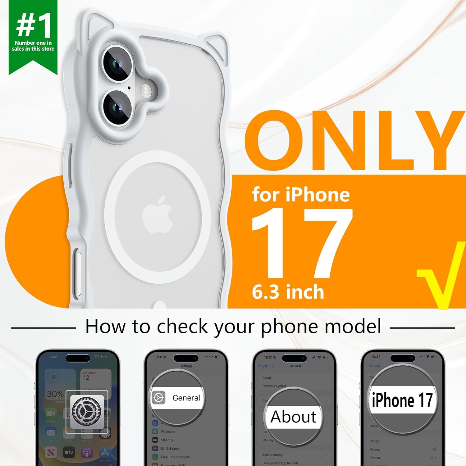 3 in 1 Magnetic for iPhone 17 Case for Women Girls,1X Screen Protector+1X Camera Lens Protector,Compatible with MagSafe,Translucent Matte,Cute Cat-Ear Wavy Phone Case,6.3",Milky White