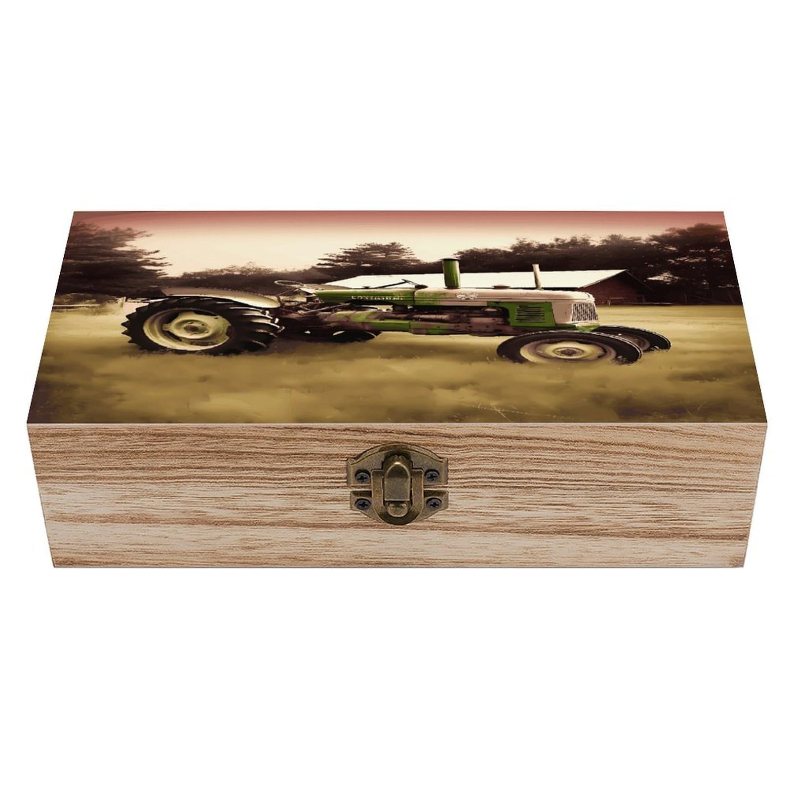 VstaDank Old Tractor Photo Farm Wooden Storage Box with Hinged Lid Natural Wooden Box Beautifully Keepsake Boxes Vintage Wood Boxes Jewelry Organizer Trinket Storage Chest Unique Gift