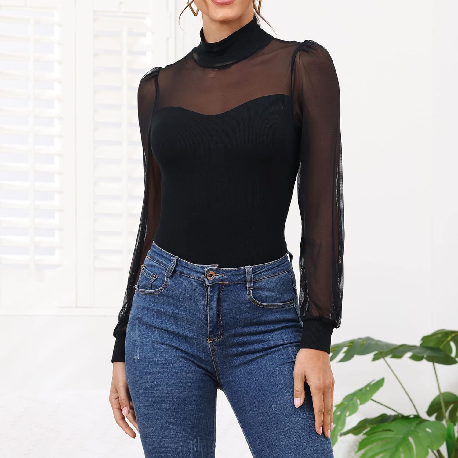 Womens Bodysuit Mock Neck Sheer Mesh Long Sleeve Tops Ribbed Sexy Bodysuits Jumpsuit - Image 5