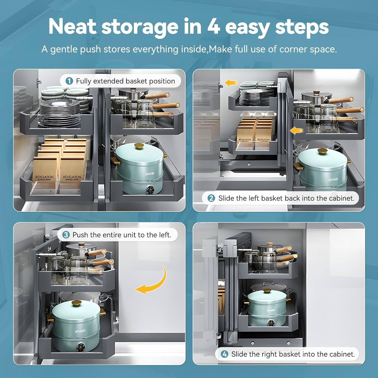 Extraíble ciego esquina organizador con 2 niveles y 4 estantes cestas de metal para cocina o baño almacenamiento optimizado ahorra espacio fácil acceso.