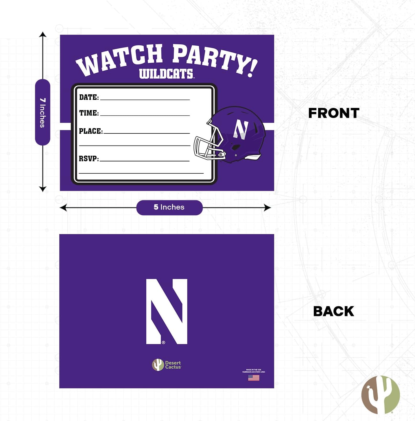 Desert Cactus Northwestern University Party Invitation NU Wildcats 5x7 Invites Cards Celebration 10 Count With Envelopes (Football Watch Party)