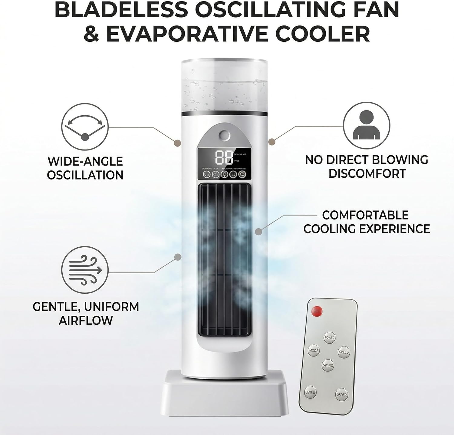 Bladeless Oscillating Tower Fan Portable Air Conditioning Fan with Mist Function USB Desktop Cooling with Remote Control - White bladeless oscillating Tower White Portable air Conditioning