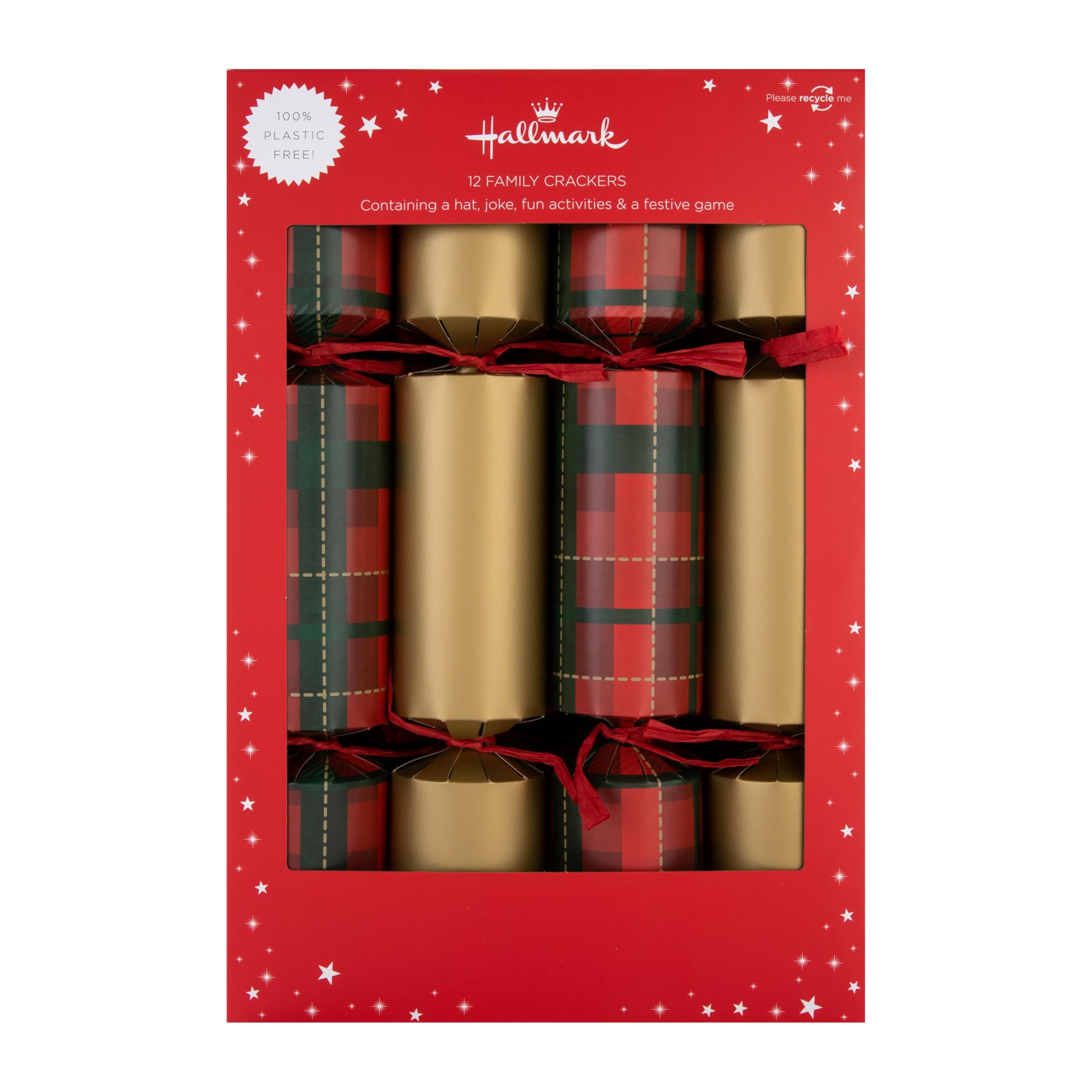 Hallmark Christmas Crackers, 2 Gold & Tartan Designs, Pack of 12 in 2 Designs, Snakes & Ladders, Gold, Red & Green