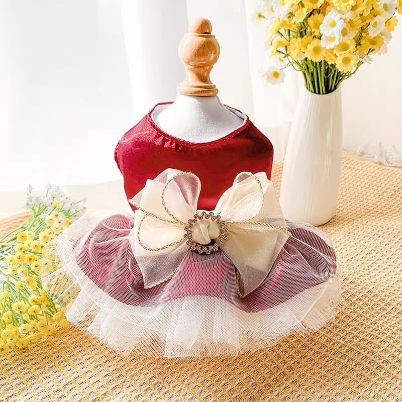 Image of HDKUW Small Dog Dress, Girl Puppy Lace Princess Skirt Tutu Dress with Bowknot,Chihuahua Yorkie Clothes Outfit for Birthday Wedding Party Red XL
