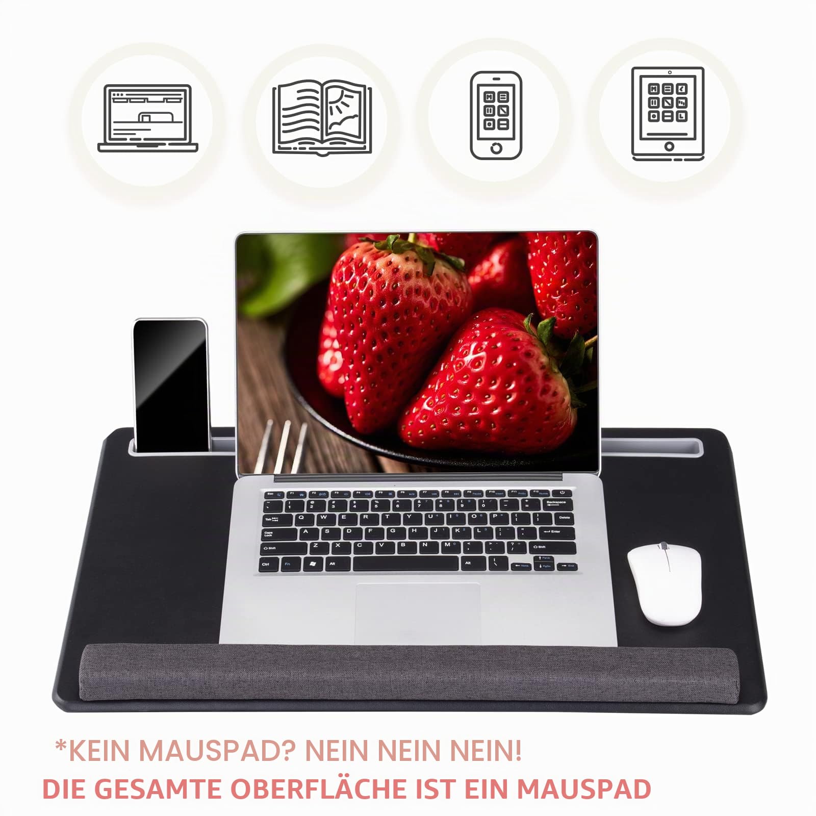 Extra großer Laptop-Schreibtisch – Voll-PU-Material, Gaming-Tablett – tragbarer LapDesk mit Handyhalterung und Handgelenkauflage für Notebook, MacBook, Tablet, Bett, Sofa (schwarz, passend für Laptops