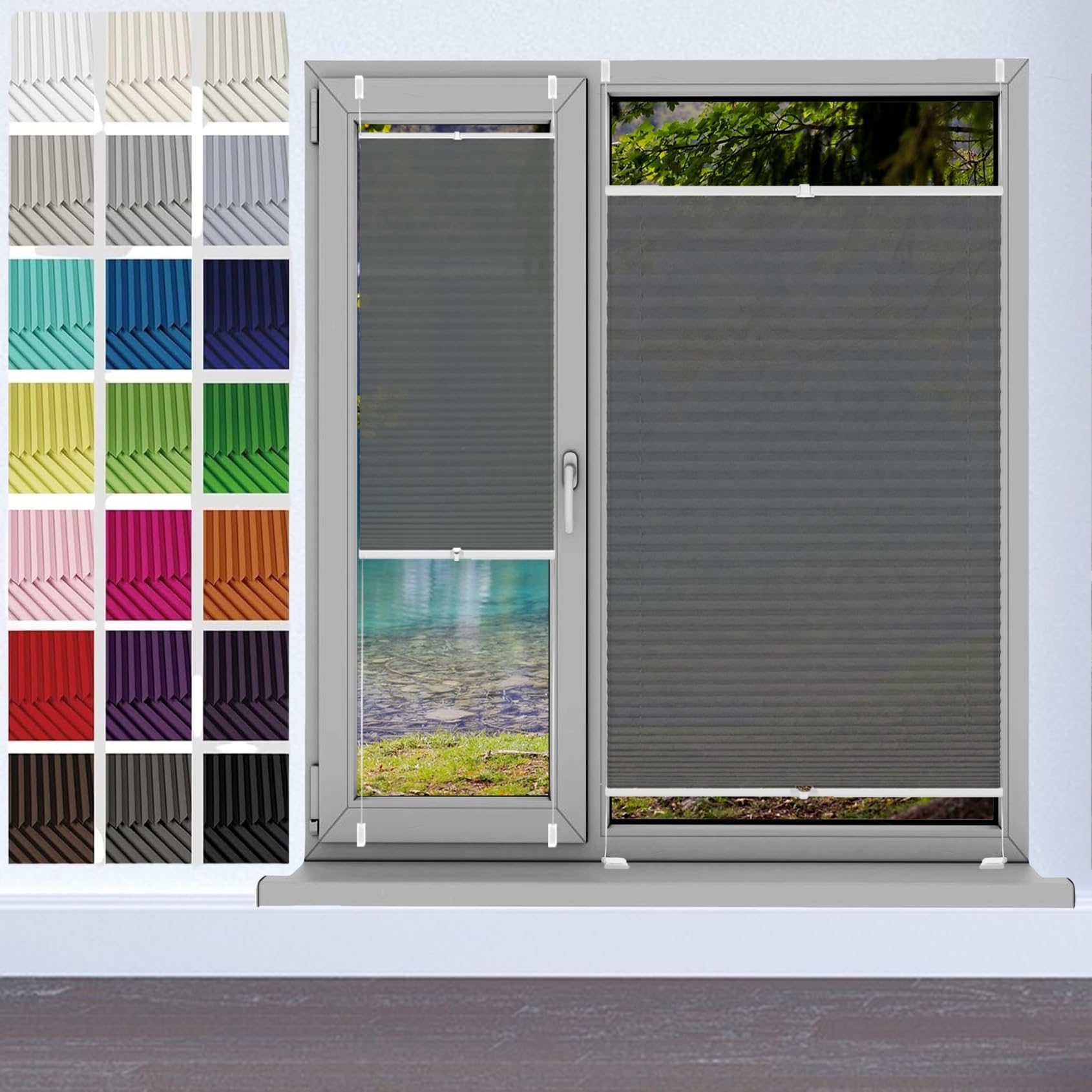 Temporary Shade Blinds No Drill Blinds 46 x 120 cm (W x H), No Drilling, Translucent, Crushed Look, Opaque Folding Roller Blind, Pleated Window Blinds, for Window Door, Grey