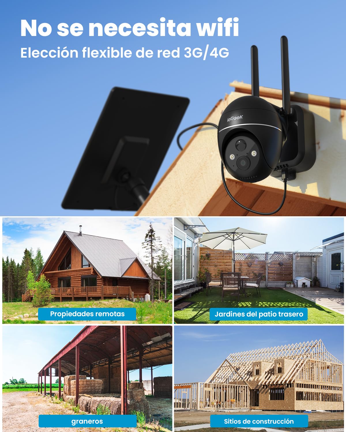 ieGeek 4G/3G LTE Cámara Vigilancia Exterior Solar Inalámbrica, 2K IP Cámara con Batería 10000mAh, PTZ 355°＆120°, Incluye Tarjeta SIM y Tráfico de Prueba, Visión Nocturna Color, Detección Humana PIR