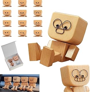 HOSYH Charming Shaking Feet Wooden Man Figurine, Little Wooden Statue That Sways, Car Dashboard Figurines with Spring Legs with Rich Expression Accessories Decorations Doll Gifts