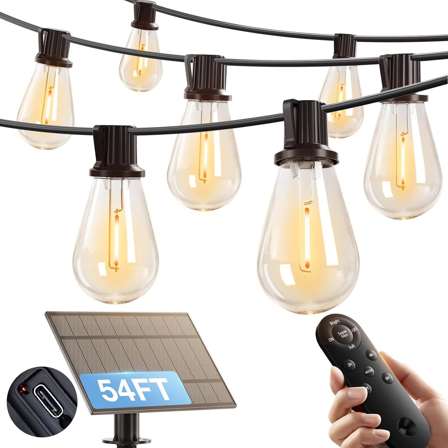 54′ Outdoor Smart String Lights (Dual Charging Solar/USB String Light Set)