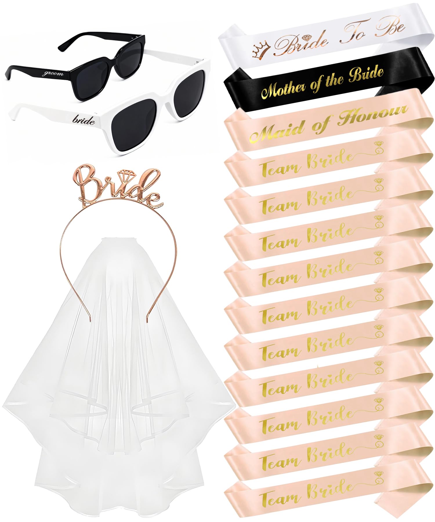 luckystardom 17 PCS Hen Party Accessories, 1 Bride to be Sash 1 mother of the bride 1 Maid of Honour 10 Team Bride Sash 2 sunglasses 1 Hen Party Veil 1 Bride Tiara, Hen Do Accessories โ image 1