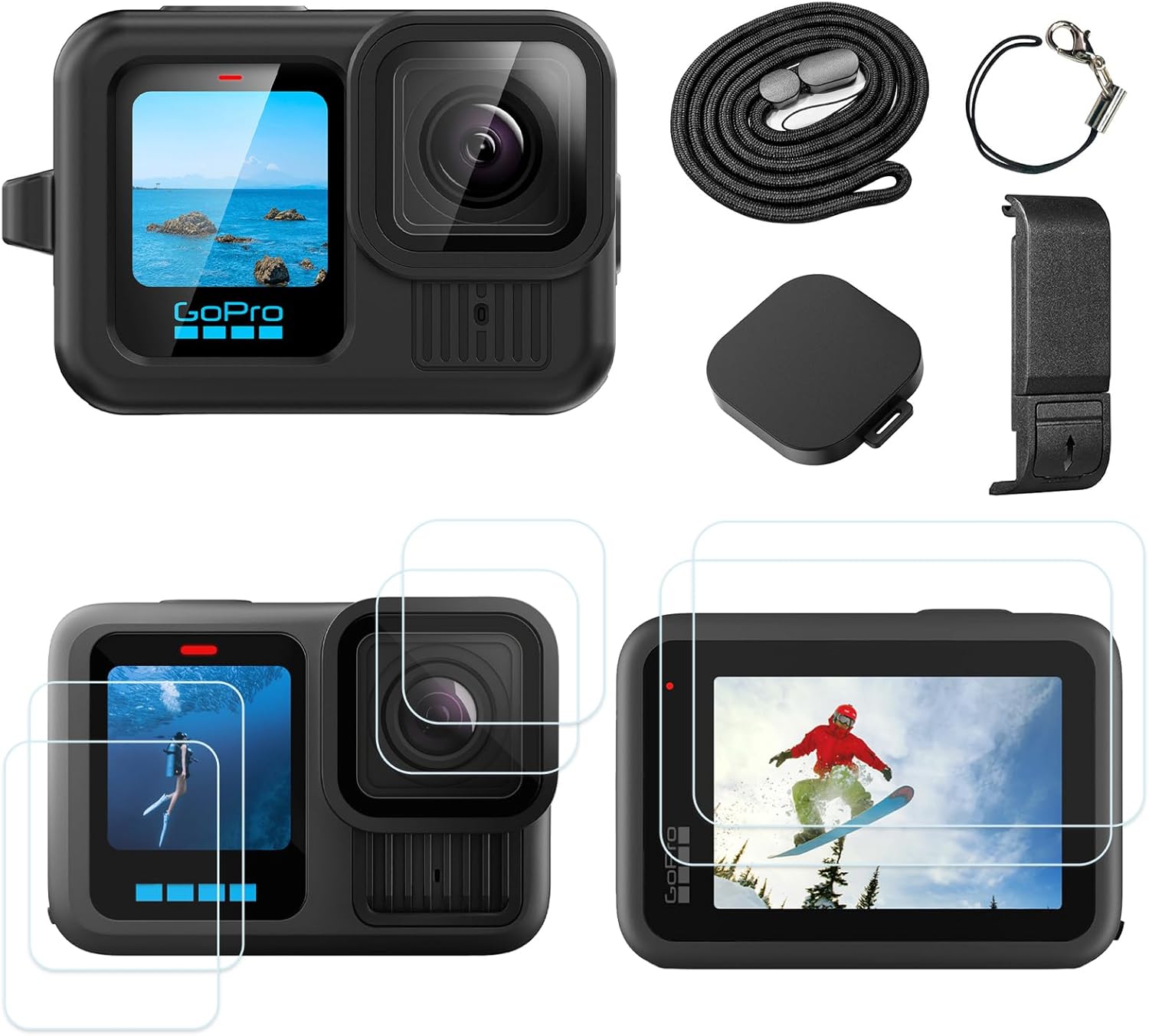 Silicone Sleeve Case for Go Pro Hero 13 Black, Battery Side Cover & Screen Protectors & Lens Caps & Lanyard for Hero 13 Accessories Kit (Black)