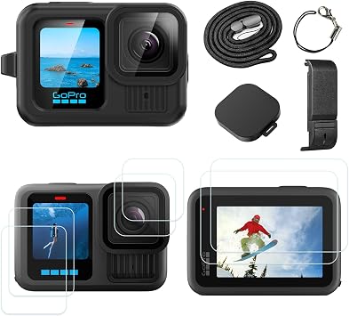 Silicone Sleeve Case for Go Pro Hero 13 Black, Battery Side Cover & Screen Protectors & Lens Caps & Lanyard for Hero 13 Accessories Kit Black