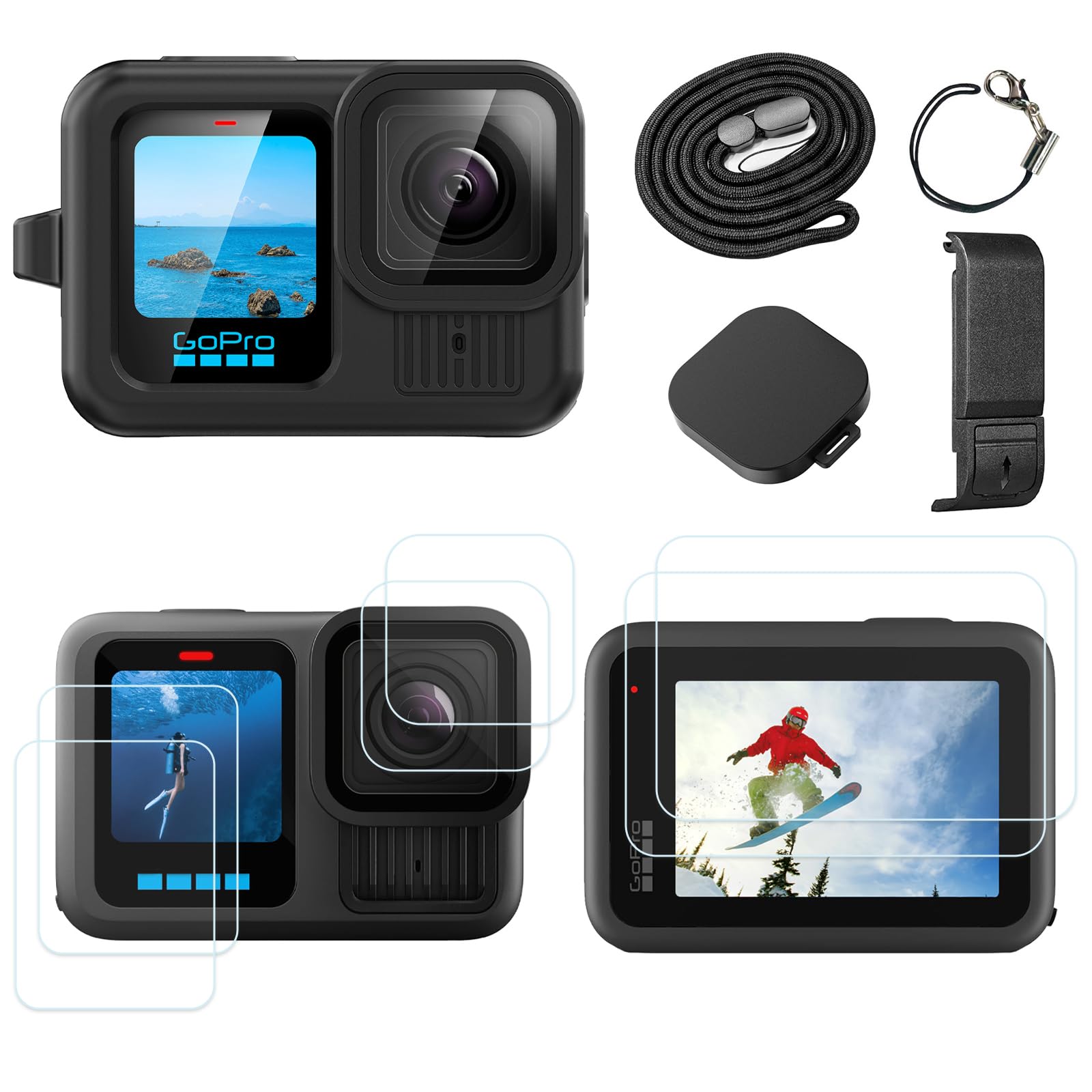 Silicone Sleeve Case for Go Pro Hero 13 Black, Battery Side Cover & Screen Protectors & Lens Caps & Lanyard for Hero 13 Accessories Kit (Black)