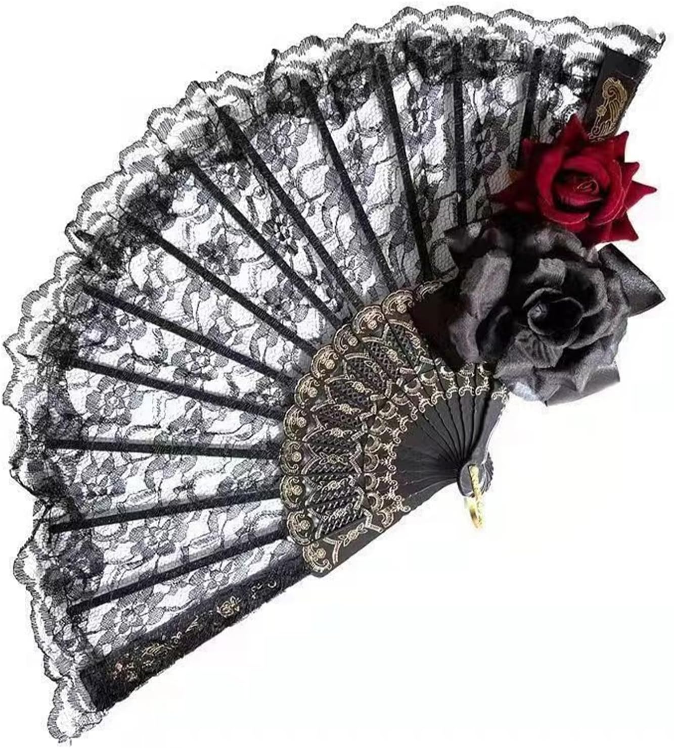 Handheld Fan Lace Design Folding Hand Fan with Rose Flower Accent Dance Photo Props Wedding Gift Antique Fashion