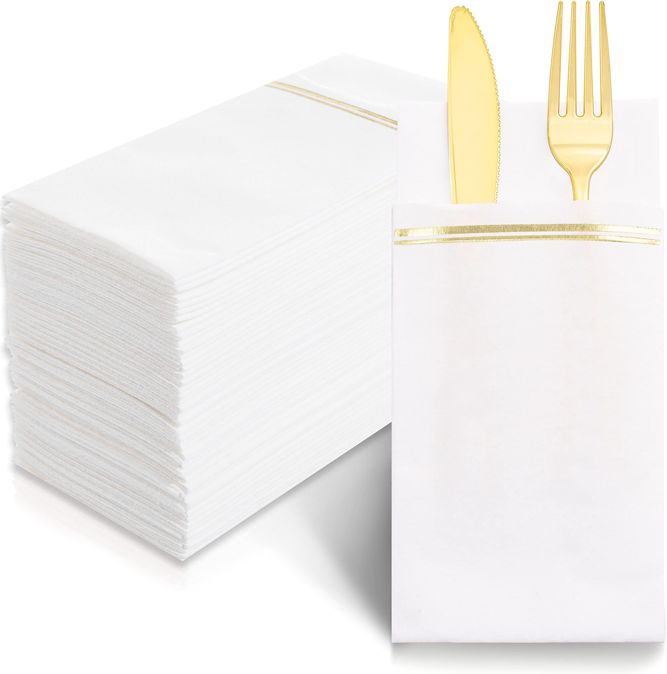 Nervure 100PCS Gold Paper Napkins with Built-in Flatware Pocket - White and Gold Prefolded Cloth Like Disposable Napkins - Heavy-duty Linen-Feel Dinner Napkins for Party & Wedding & Dinner