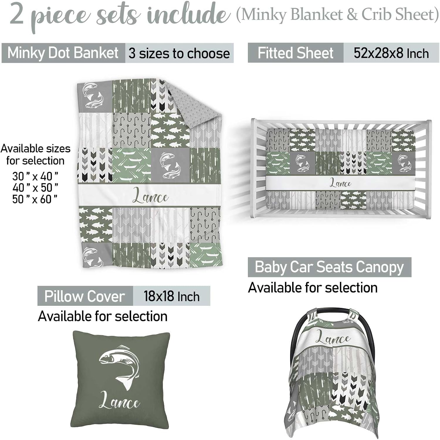 Custom Name Baby Crib Bedding Sets for Boys, Personalized Fishing 2 Piece Sets, Minky Dotted Backing Blanket, Fitted Sheet, Nursery Sets for Newborn to Toddler
