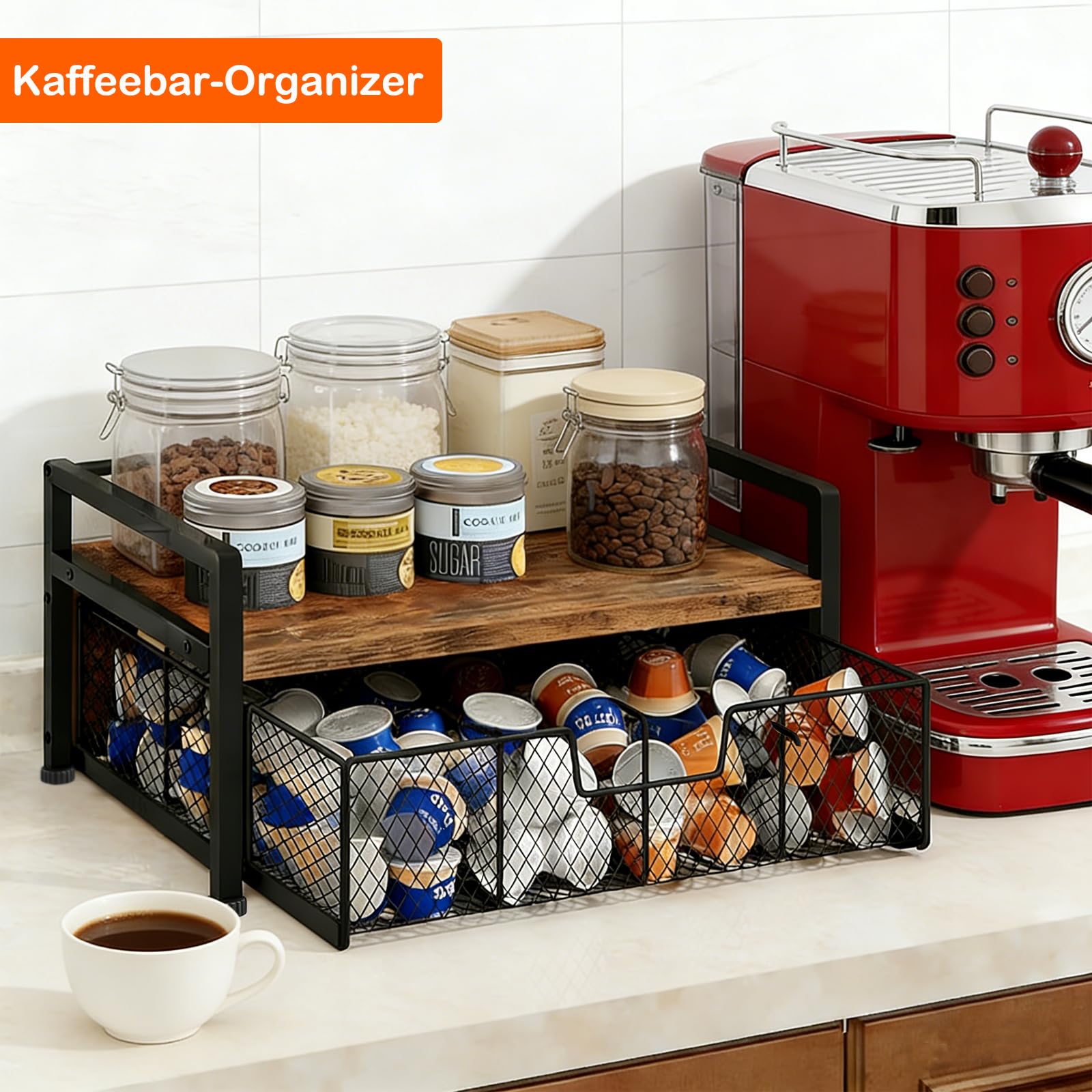 Teebeutel Organizer Schublade, Teebox mit 8 Fächern, Teebeutelhalter aus Holz und Metall, Tee Aufbewahrung für Losen Tee, Teepackungen, Kaffee, Gewürze oder als Geschenkverpackung
