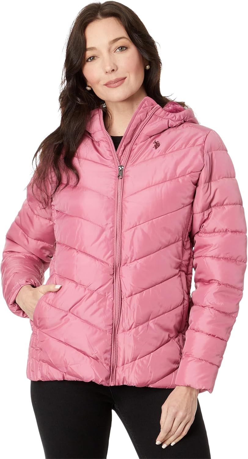 U.S. POLO ASSN. Chevron Cozy Faux Fur Lining Quilted Hooded Puffer with Side Panel