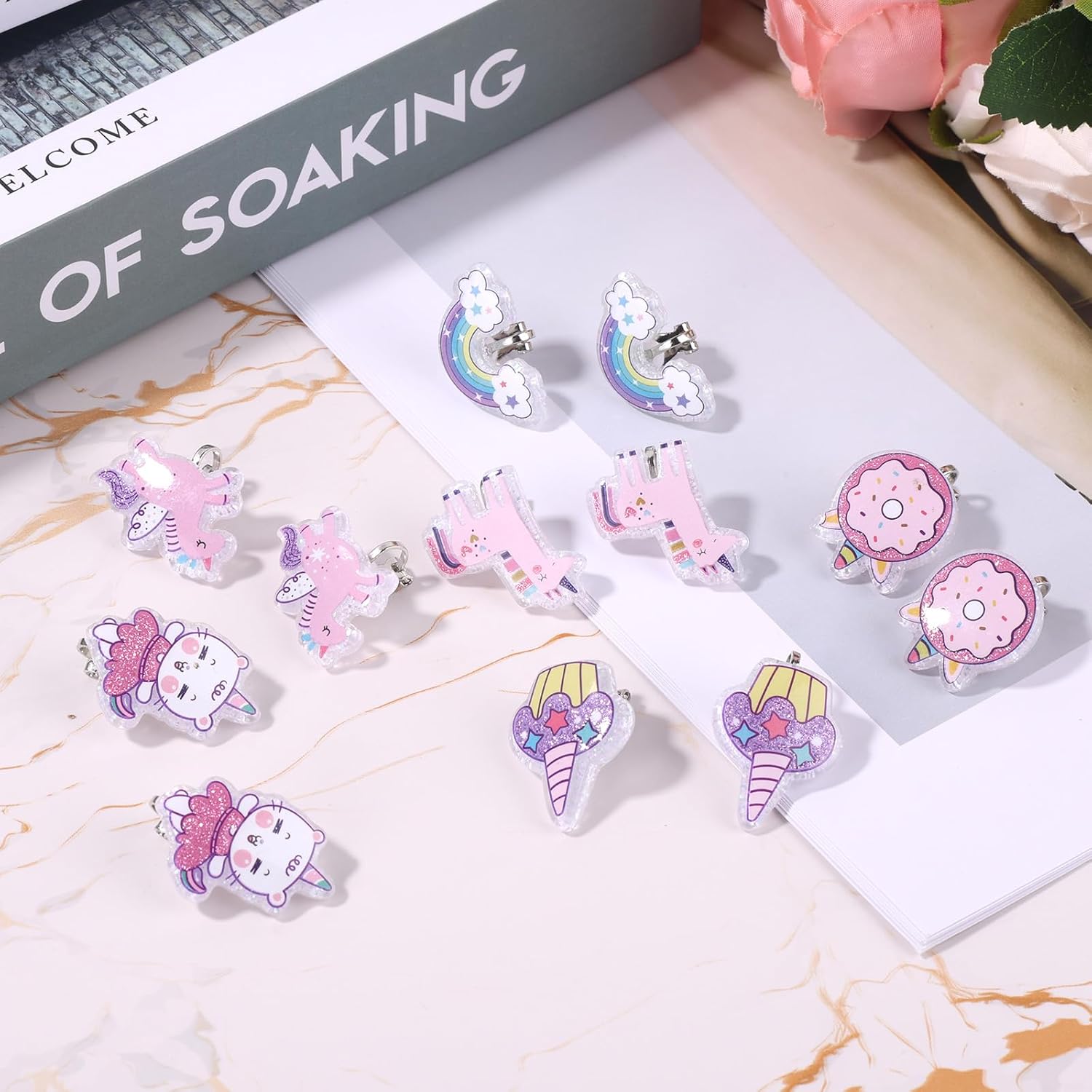 6 Pairs Clip On Earrings for Kids, Cute Princess Resin Clip On Earrings No Pierced Kids Jewelry Donut Cupcake Rainbow Design Dress Up Jewelry for Toddler Girls Party Gift - Image 3